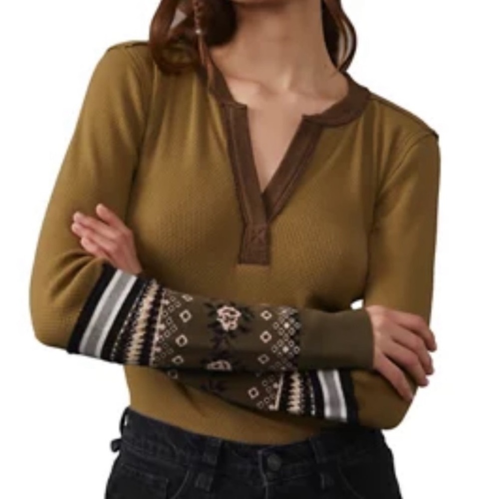 Free People Olive and Brown Patterned Long Sleeve Top